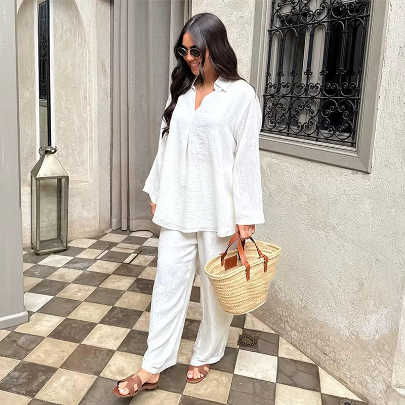 Women Spring Top Pants Set Oversized Solid Color V Neck Soft Long Sleeves Blouse Wide Leg Trousers Casual Female Clothes