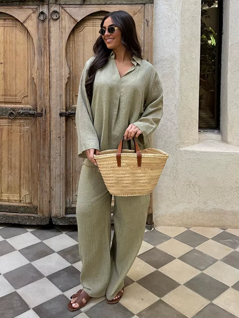 Women Spring Top Pants Set Oversized Solid Color V Neck Soft Long Sleeves Blouse Wide Leg Trousers Casual Female Clothes