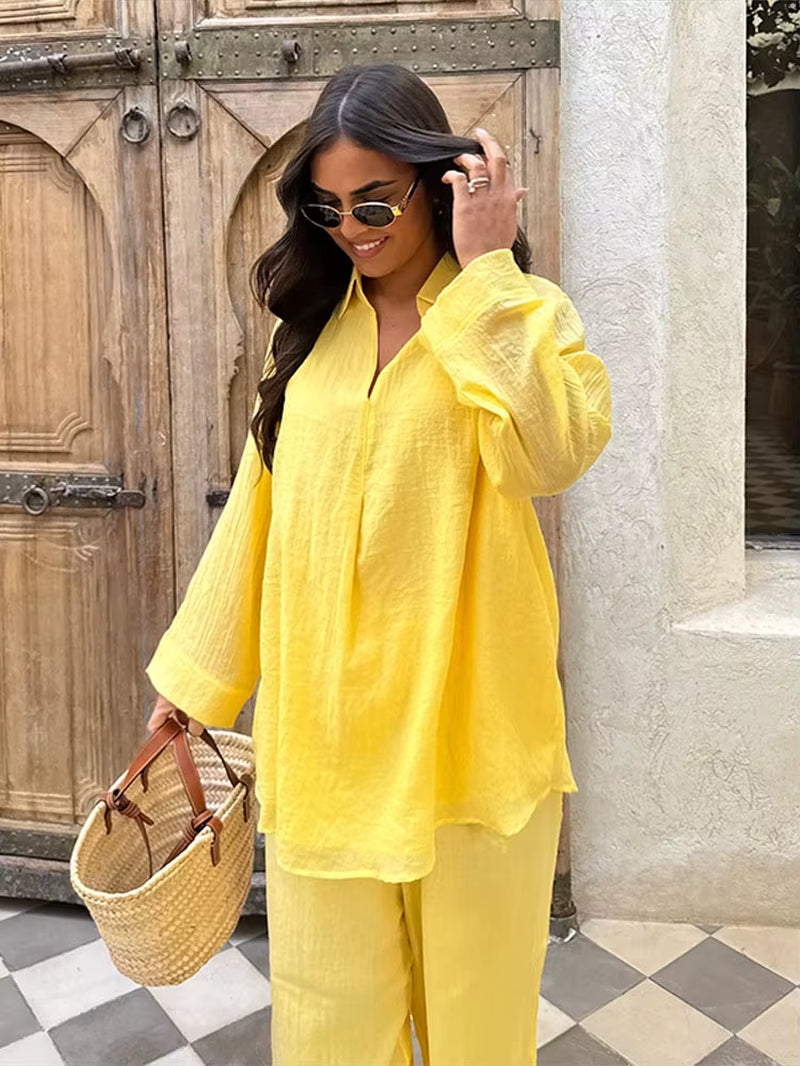 Women Spring Top Pants Set Oversized Solid Color V Neck Soft Long Sleeves Blouse Wide Leg Trousers Casual Female Clothes