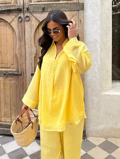 Women Spring Top Pants Set Oversized Solid Color V Neck Soft Long Sleeves Blouse Wide Leg Trousers Casual Female Clothes