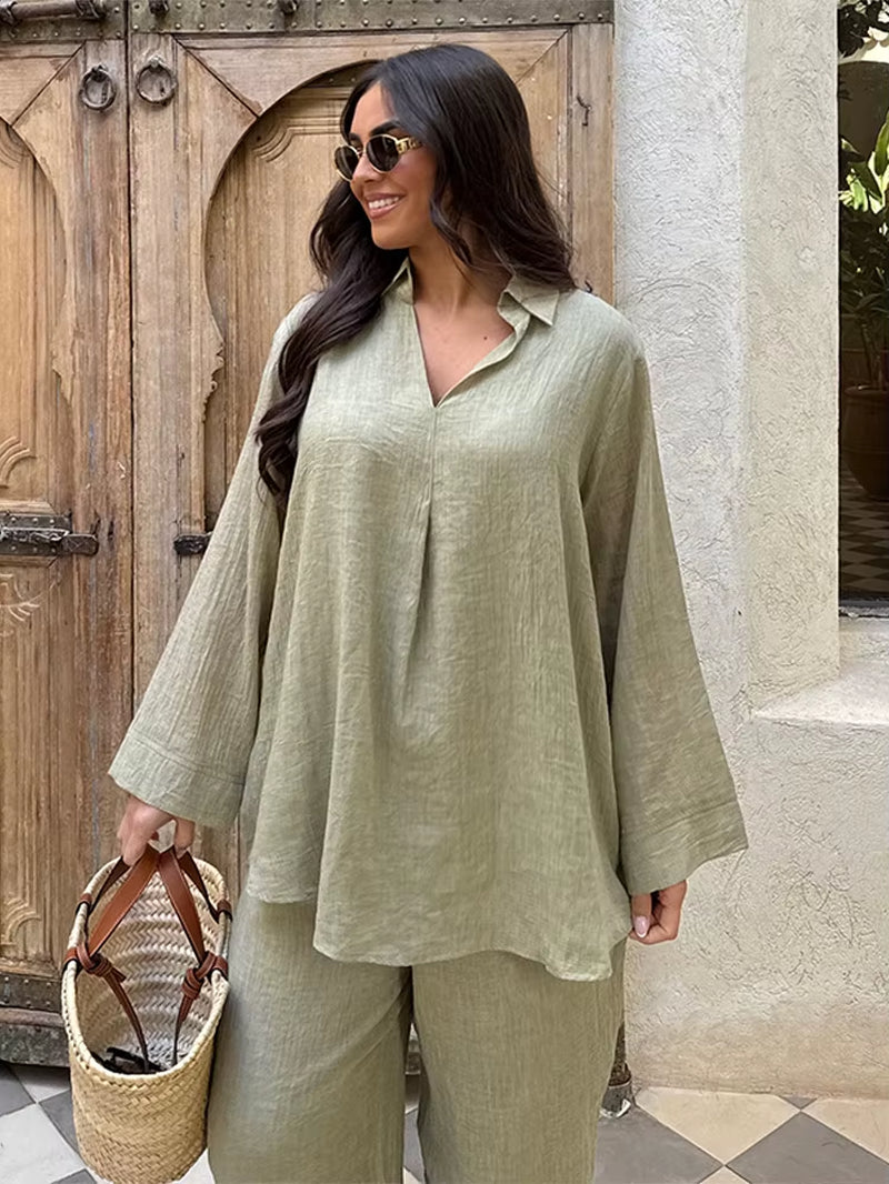 Women Spring Top Pants Set Oversized Solid Color V Neck Soft Long Sleeves Blouse Wide Leg Trousers Casual Female Clothes