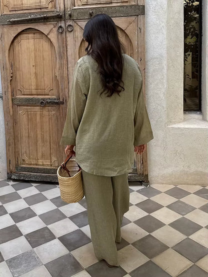 Women Spring Top Pants Set Oversized Solid Color V Neck Soft Long Sleeves Blouse Wide Leg Trousers Casual Female Clothes