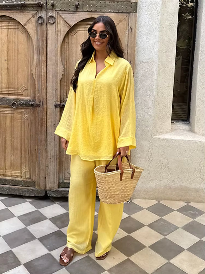 Women Spring Top Pants Set Oversized Solid Color V Neck Soft Long Sleeves Blouse Wide Leg Trousers Casual Female Clothes