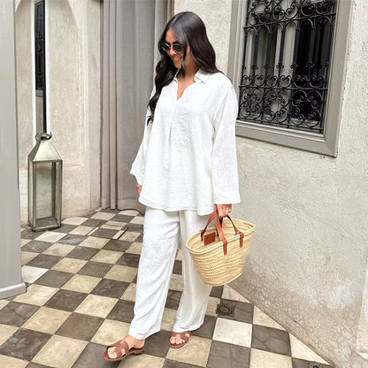 Women Spring Top Pants Set Oversized Solid Color V Neck Soft Long Sleeves Blouse Wide Leg Trousers Casual Female Clothes