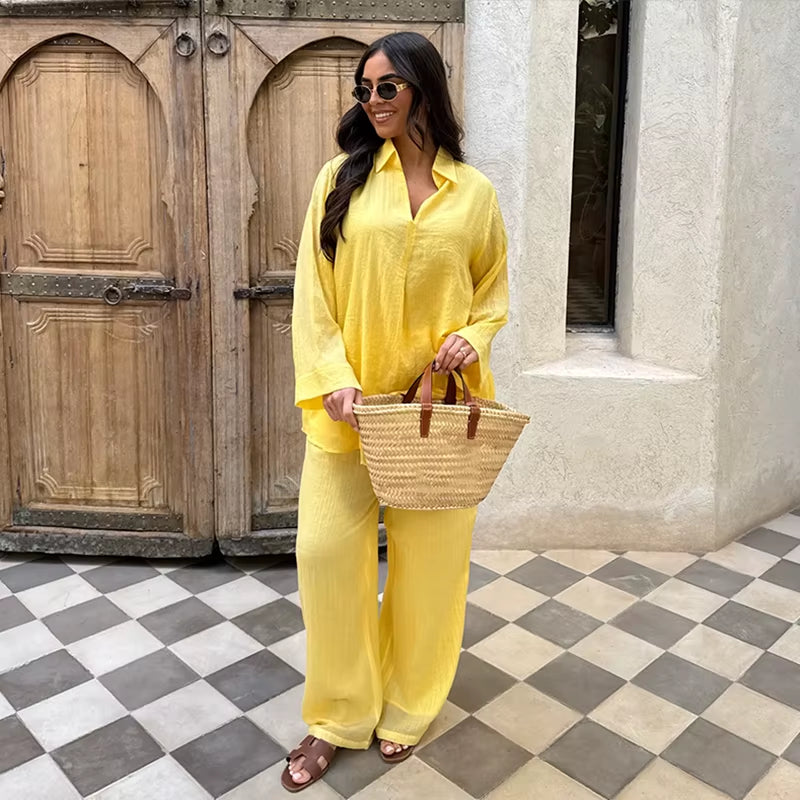 Women Spring Top Pants Set Oversized Solid Color V Neck Soft Long Sleeves Blouse Wide Leg Trousers Casual Female Clothes