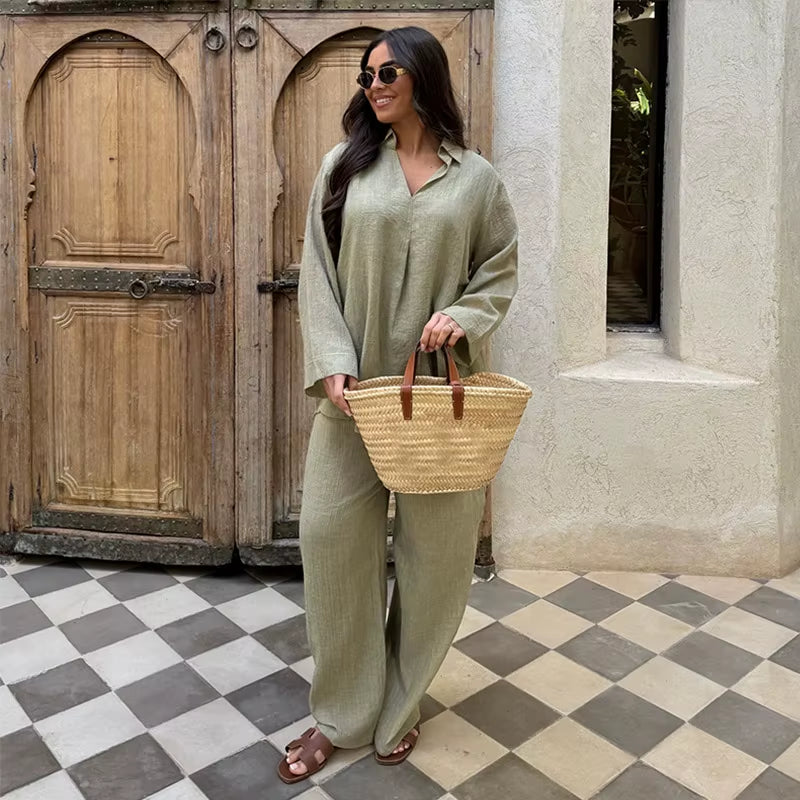 Women Spring Top Pants Set Oversized Solid Color V Neck Soft Long Sleeves Blouse Wide Leg Trousers Casual Female Clothes